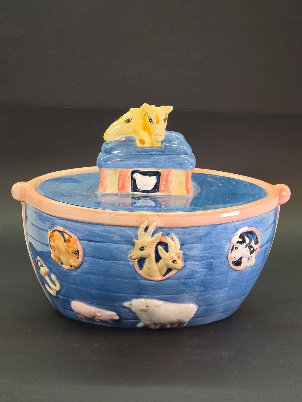 Noah's Ark Ceramic Cookie Jar EDI Sausalito Vintage VHTF RARE Blue Flat Lid